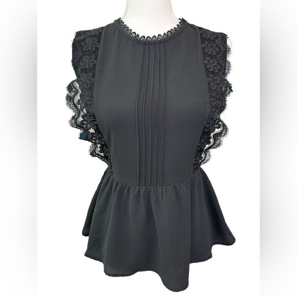 Monteau Los Angeles Black Lace Top Size M Sleeveless Flutter Waist - Picture 1 of 11